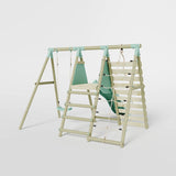 Single wooden frame play swing, slide and climbing wall ing