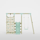 Single wooden frame play swing, slide and climbing wall ing