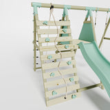 Single wooden frame play swing, slide and climbing wall ing
