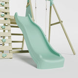 Single wooden frame play swing, slide and climbing wall ing